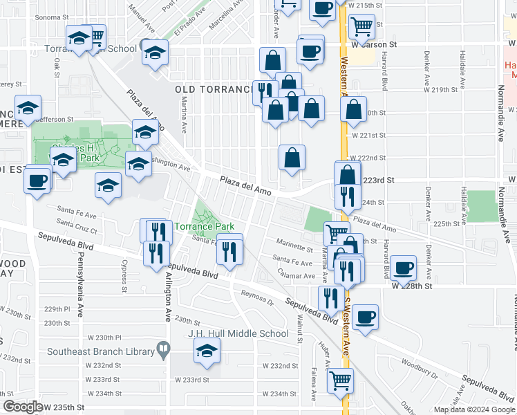 map of restaurants, bars, coffee shops, grocery stores, and more near 2418 Cabrillo Avenue in Torrance