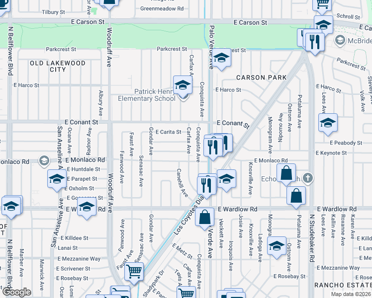 map of restaurants, bars, coffee shops, grocery stores, and more near 6239 East Keynote Street in Long Beach