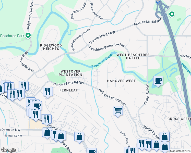 map of restaurants, bars, coffee shops, grocery stores, and more near 4 Spring Green Place Northwest in Atlanta
