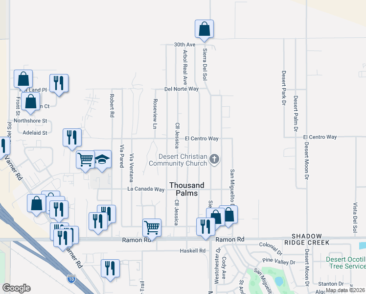 map of restaurants, bars, coffee shops, grocery stores, and more near Arbol Real Avenue in Thousand Palms