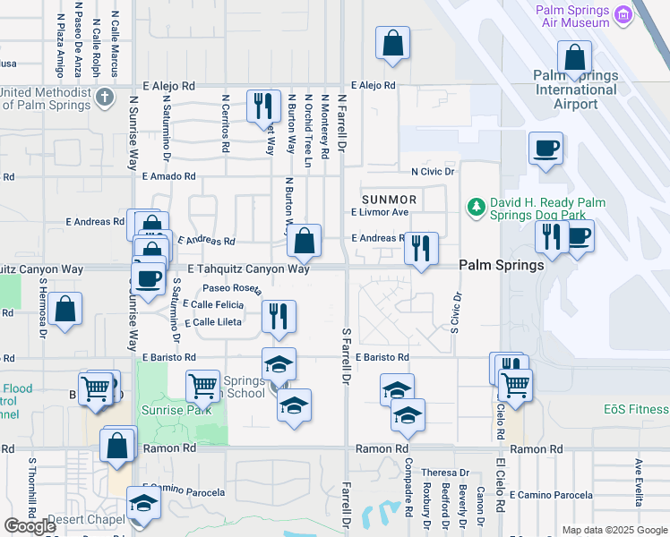 map of restaurants, bars, coffee shops, grocery stores, and more near in Palm Springs
