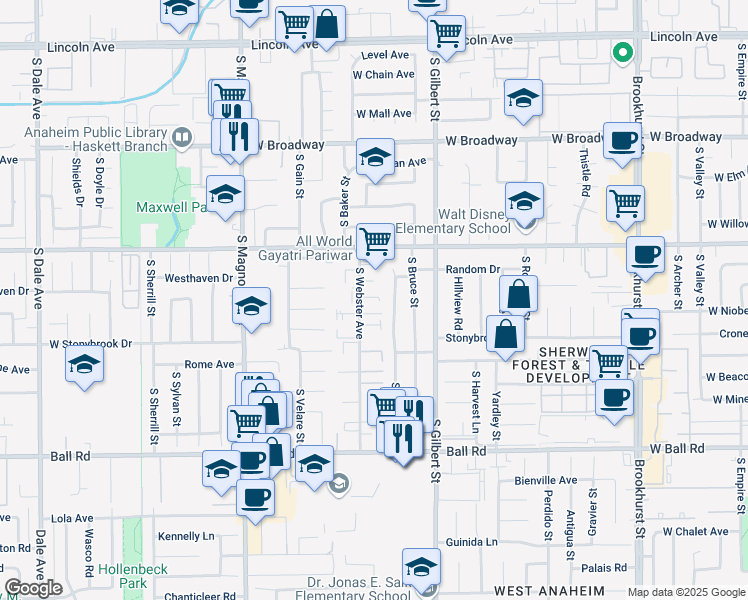 map of restaurants, bars, coffee shops, grocery stores, and more near 636 South Webster Avenue in Anaheim