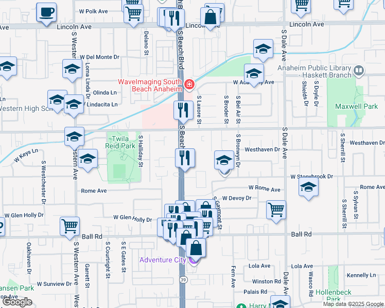 map of restaurants, bars, coffee shops, grocery stores, and more near 600 South Beach Boulevard in Anaheim