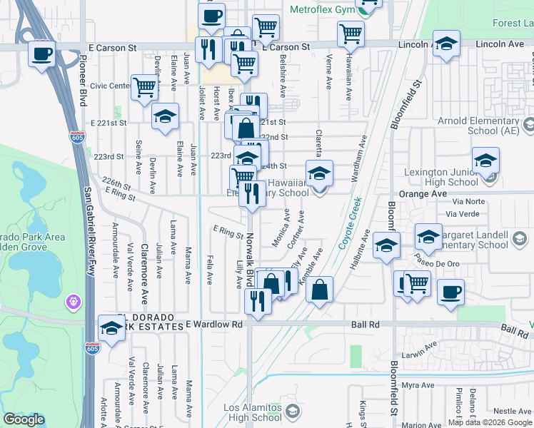 map of restaurants, bars, coffee shops, grocery stores, and more near 8101 East Token Street in Long Beach