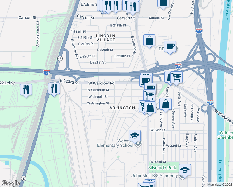 map of restaurants, bars, coffee shops, grocery stores, and more near 2021 West Cameron Street in Long Beach
