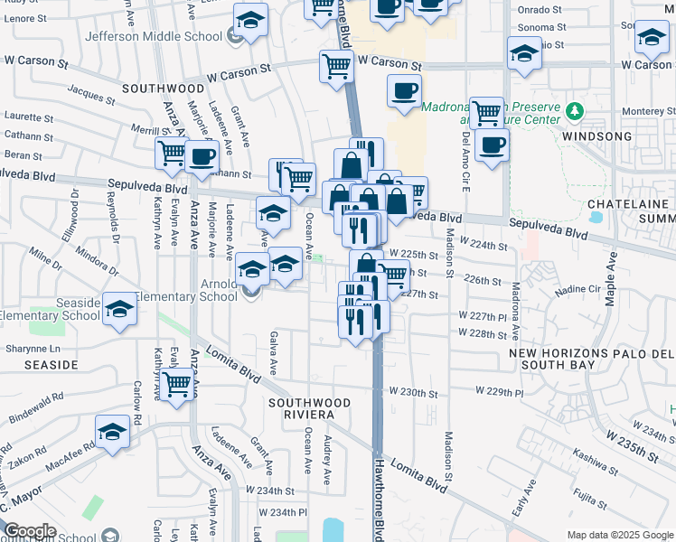 map of restaurants, bars, coffee shops, grocery stores, and more near 3863 226th Street in Torrance