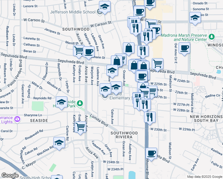 map of restaurants, bars, coffee shops, grocery stores, and more near 4054 West 226th Street in Torrance