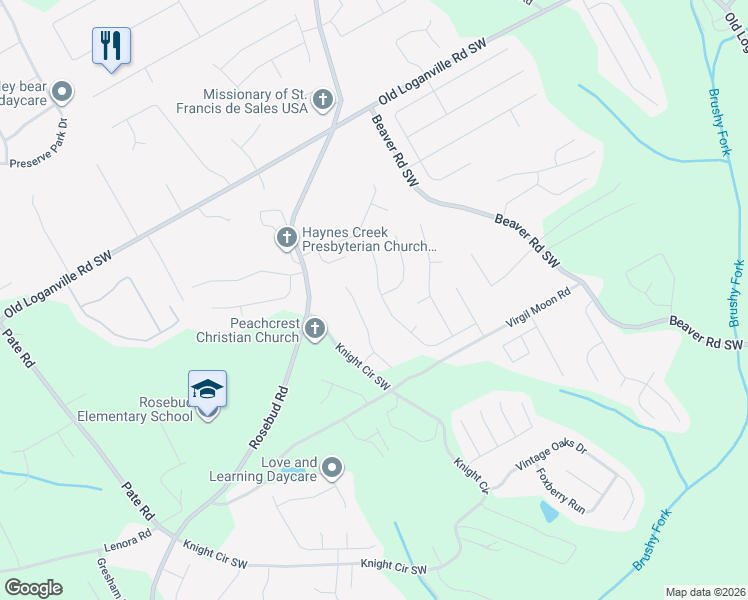 map of restaurants, bars, coffee shops, grocery stores, and more near 3880 Michaels Creek Way in Loganville