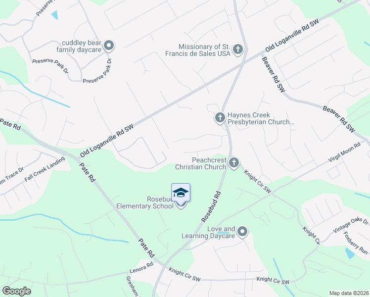 map of restaurants, bars, coffee shops, grocery stores, and more near 1829 Mission Park Court in Loganville