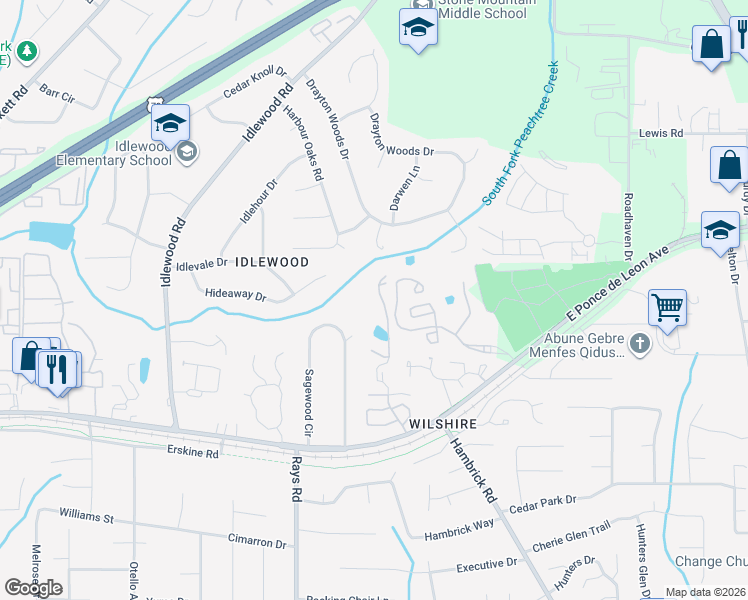 map of restaurants, bars, coffee shops, grocery stores, and more near 1412 Orchard Park Drive in Stone Mountain