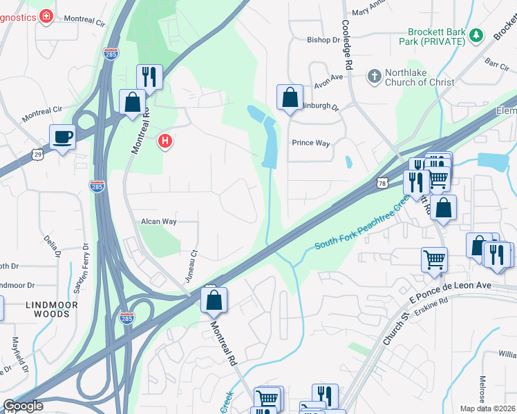 map of restaurants, bars, coffee shops, grocery stores, and more near 3608 Canadian Way in Tucker