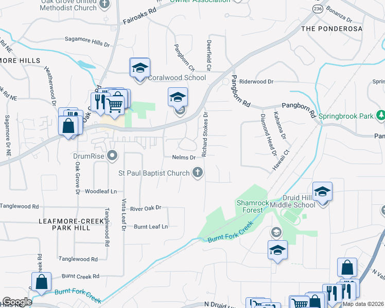 map of restaurants, bars, coffee shops, grocery stores, and more near 1428 Oakridge Circle in Decatur