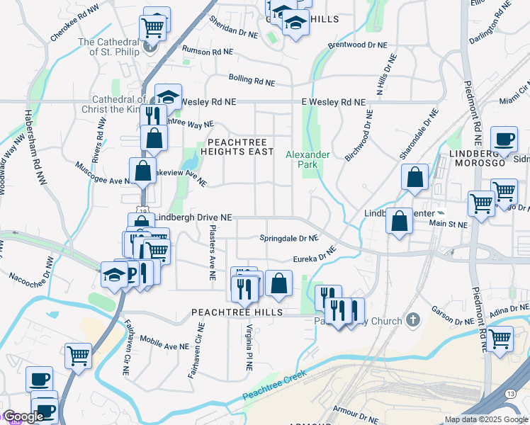 map of restaurants, bars, coffee shops, grocery stores, and more near 230 Lindbergh Drive Northeast in Atlanta