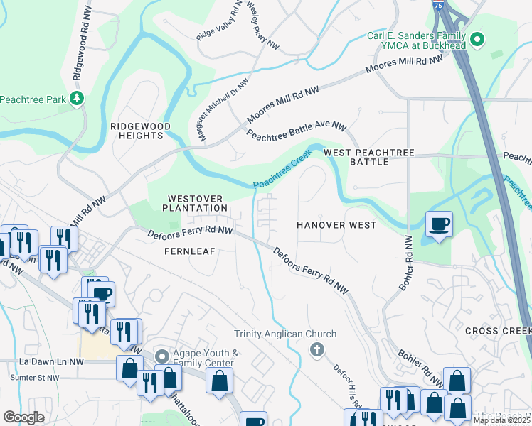 map of restaurants, bars, coffee shops, grocery stores, and more near 11 Spring Green Place Northwest in Atlanta