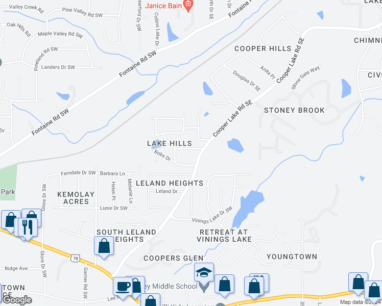 map of restaurants, bars, coffee shops, grocery stores, and more near 25 Driskell Avenue in Mableton