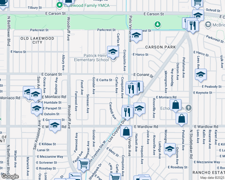 map of restaurants, bars, coffee shops, grocery stores, and more near 6227 East Keynote Street in Long Beach