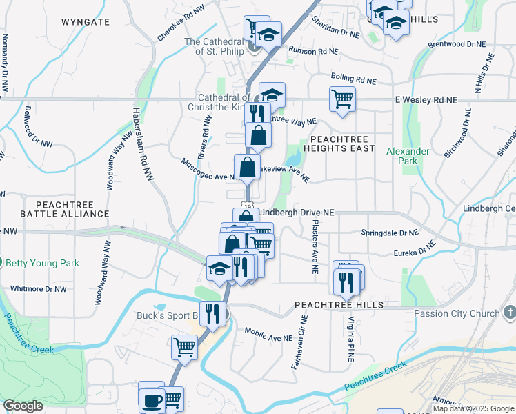 map of restaurants, bars, coffee shops, grocery stores, and more near 2499 Peachtree Road in Atlanta