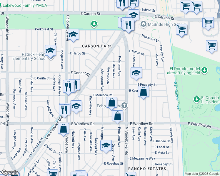map of restaurants, bars, coffee shops, grocery stores, and more near 3602 Nipomo Avenue in Long Beach