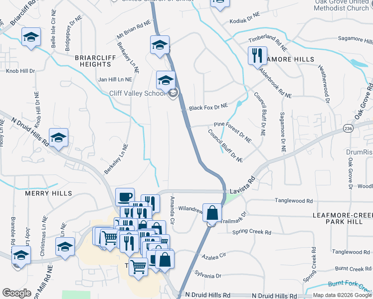 map of restaurants, bars, coffee shops, grocery stores, and more near 2338 Clairmont Road in Atlanta