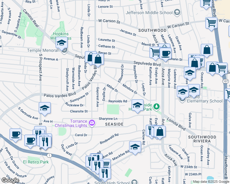 map of restaurants, bars, coffee shops, grocery stores, and more near 4910 Milne Drive in Torrance