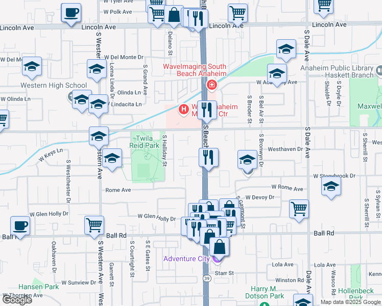 map of restaurants, bars, coffee shops, grocery stores, and more near 645 South Beach Boulevard in Anaheim