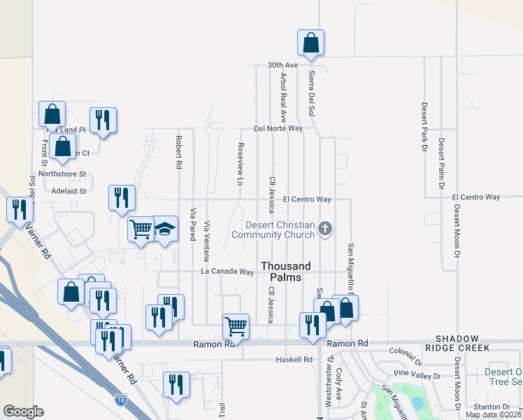 map of restaurants, bars, coffee shops, grocery stores, and more near 31060 Monte Vista Way in Thousand Palms