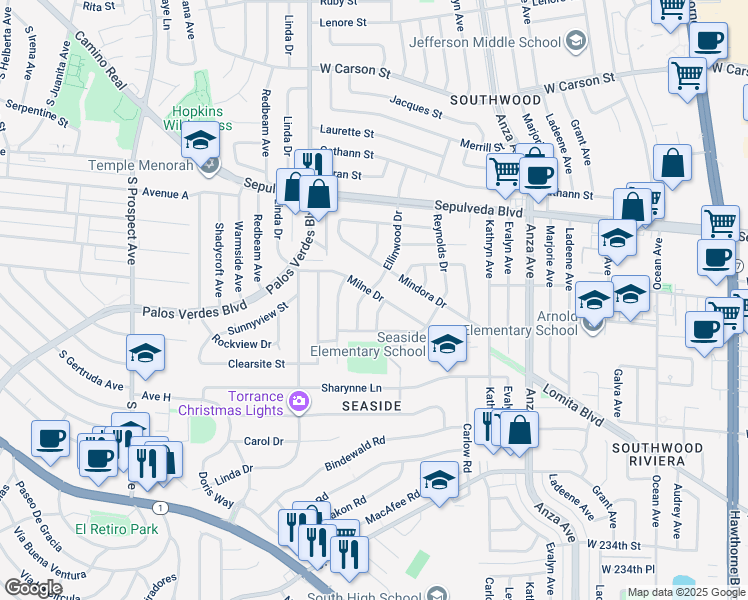 map of restaurants, bars, coffee shops, grocery stores, and more near 4910 Milne Drive in Torrance