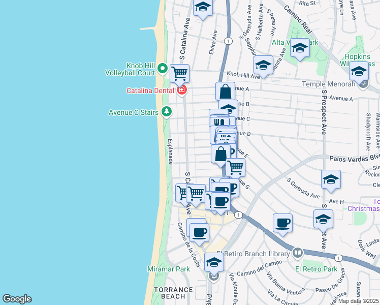 map of restaurants, bars, coffee shops, grocery stores, and more near 1300 South Catalina Avenue in Redondo Beach