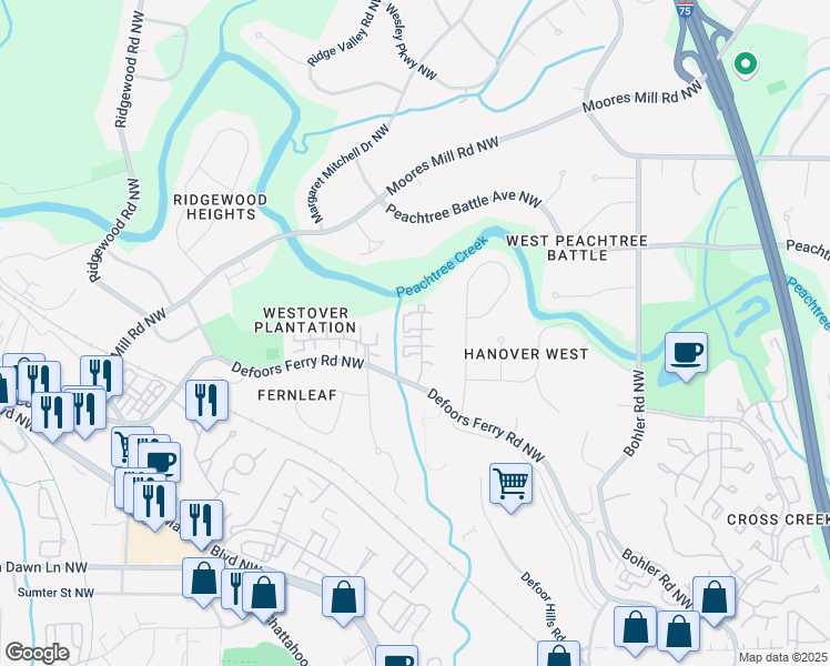 map of restaurants, bars, coffee shops, grocery stores, and more near 12 Independence Place Northwest in Atlanta