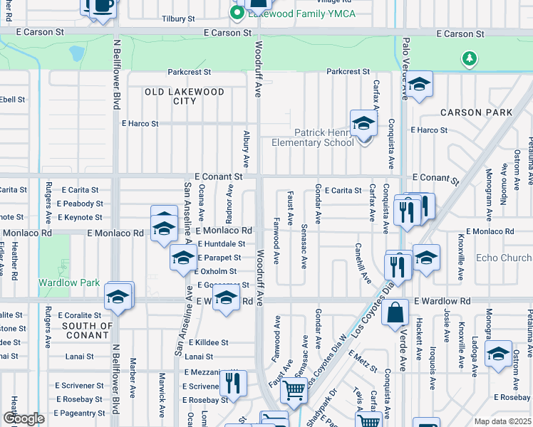 map of restaurants, bars, coffee shops, grocery stores, and more near 3624 Woodruff Avenue in Long Beach