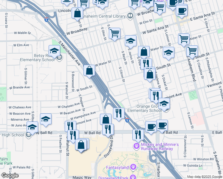 map of restaurants, bars, coffee shops, grocery stores, and more near 848 West Irving Place in Anaheim