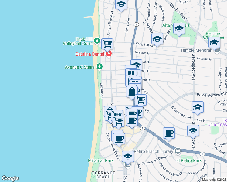 map of restaurants, bars, coffee shops, grocery stores, and more near 1300 South Catalina Avenue in Redondo Beach