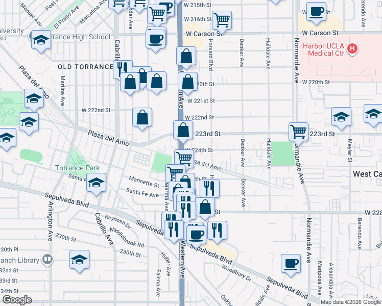 map of restaurants, bars, coffee shops, grocery stores, and more near 1648 West 224th Street in Torrance