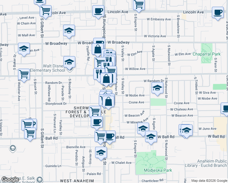 map of restaurants, bars, coffee shops, grocery stores, and more near 645 South Archer Street in Anaheim