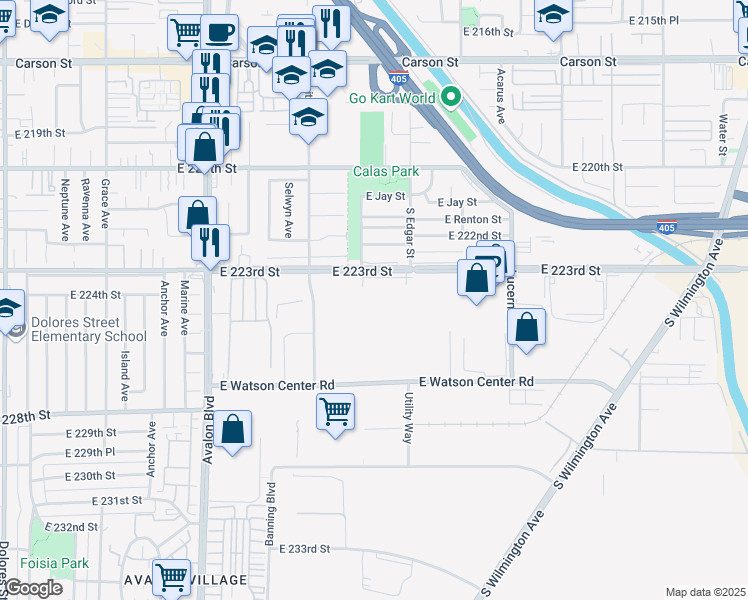 map of restaurants, bars, coffee shops, grocery stores, and more near 1000 East 223rd Street in Carson