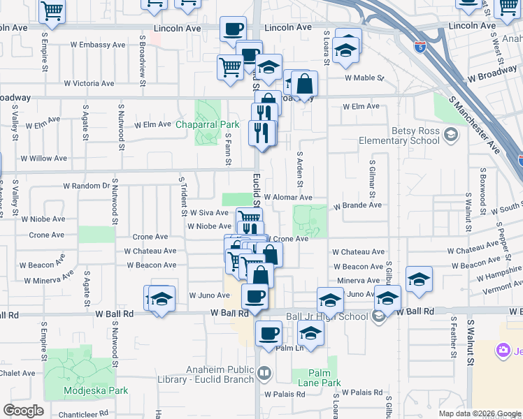 map of restaurants, bars, coffee shops, grocery stores, and more near 1662 West Alomar Avenue in Anaheim