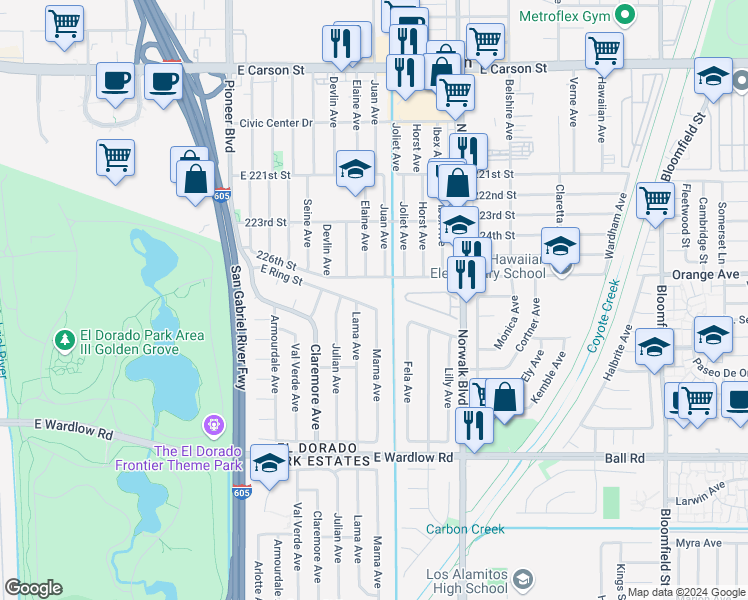 map of restaurants, bars, coffee shops, grocery stores, and more near 7965 East Ring Street in Long Beach