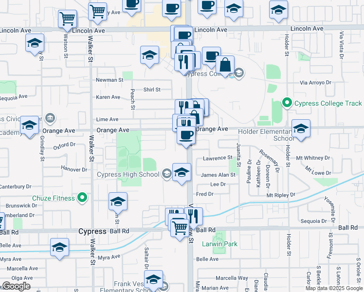 map of restaurants, bars, coffee shops, grocery stores, and more near 9535 Valley View Street in Cypress