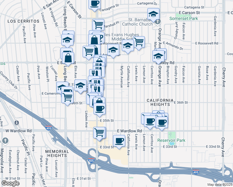 map of restaurants, bars, coffee shops, grocery stores, and more near 3626 Olive Avenue in Long Beach