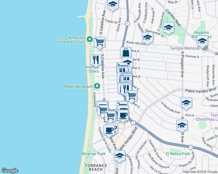 map of restaurants, bars, coffee shops, grocery stores, and more near 204 Avenue E in Redondo Beach