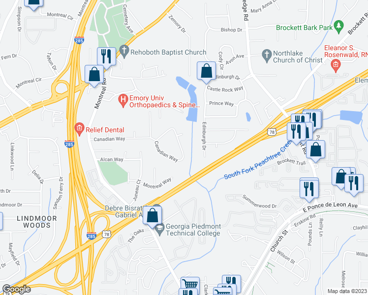 map of restaurants, bars, coffee shops, grocery stores, and more near 3608 Canadian Way in Tucker