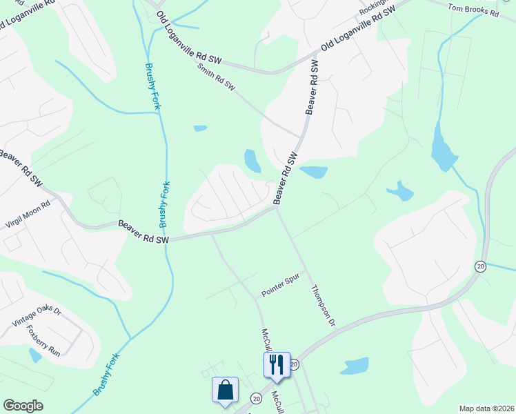 map of restaurants, bars, coffee shops, grocery stores, and more near 4543 Grove Lake Street Southwest in Loganville