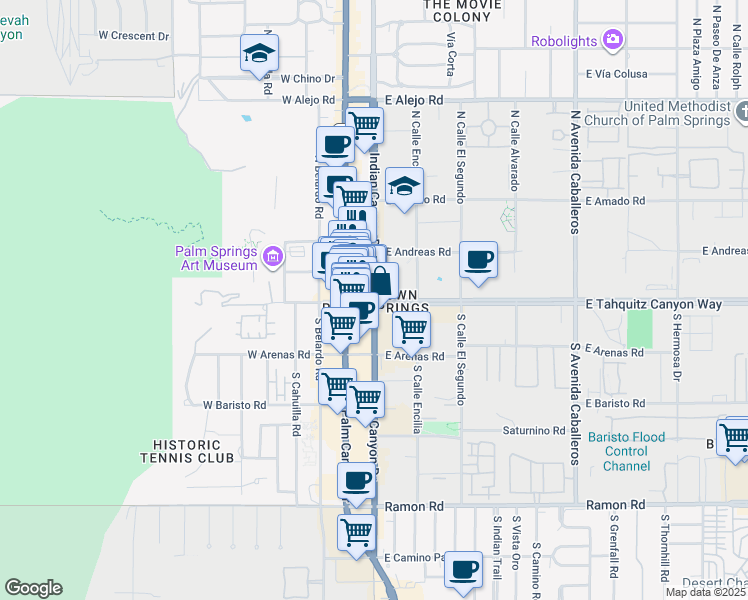map of restaurants, bars, coffee shops, grocery stores, and more near 2 North Indian Canyon Drive in Palm Springs
