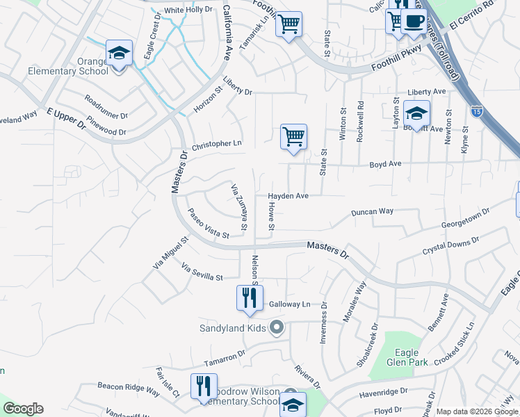 map of restaurants, bars, coffee shops, grocery stores, and more near 3745 Nelson Street in Corona