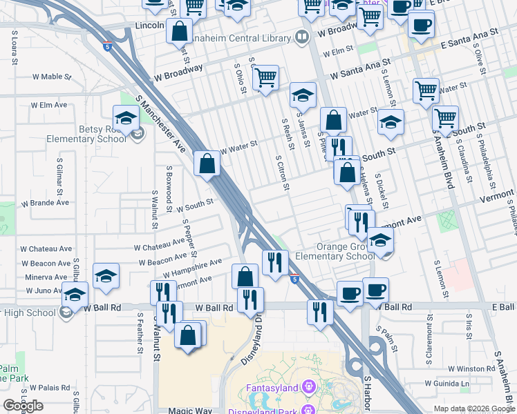 map of restaurants, bars, coffee shops, grocery stores, and more near 848 West Irving Place in Anaheim