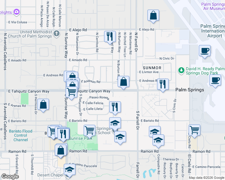 map of restaurants, bars, coffee shops, grocery stores, and more near East Tahquitz Canyon Way & North Sunset Way in Palm Springs