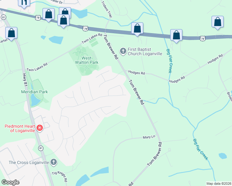 map of restaurants, bars, coffee shops, grocery stores, and more near 178 Tara Boulevard in Loganville
