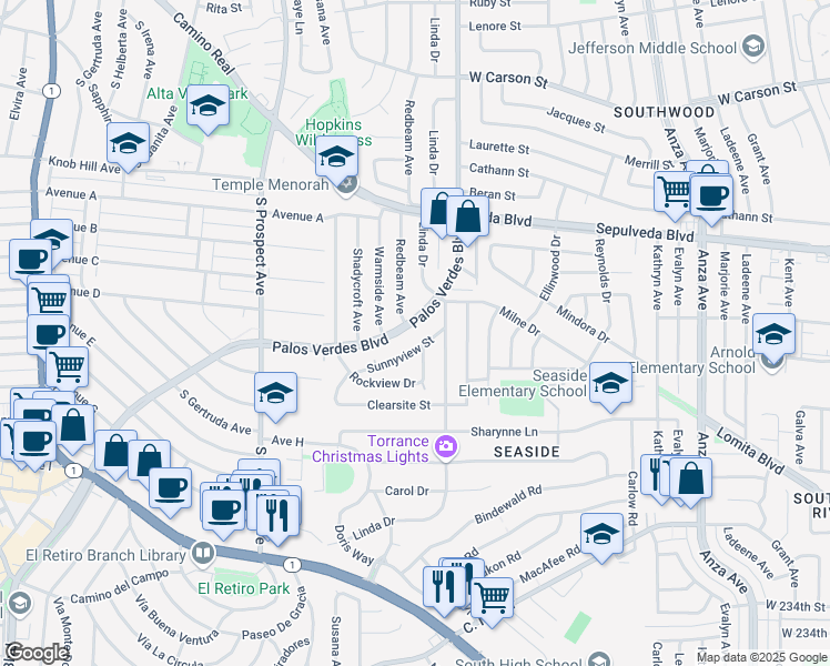map of restaurants, bars, coffee shops, grocery stores, and more near 5422 Palos Verdes Boulevard in Torrance