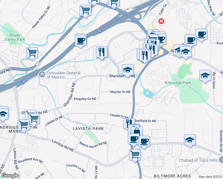 map of restaurants, bars, coffee shops, grocery stores, and more near 1258 Mayfair Drive Northeast in Atlanta