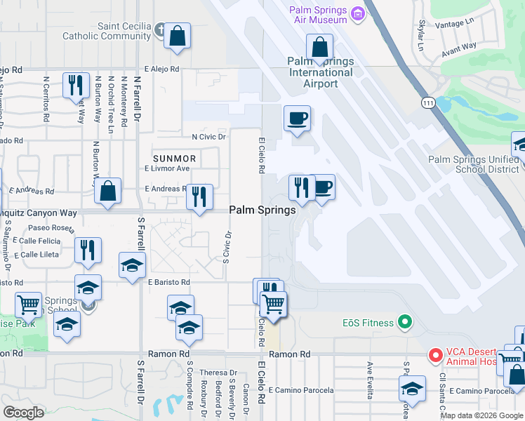 map of restaurants, bars, coffee shops, grocery stores, and more near in Palm Springs